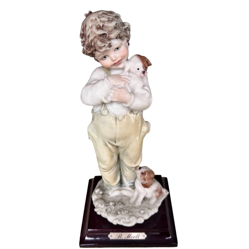 1983 Bruno Merli Porcelain Figurine RARE Young Boy w/Puppies Capodimonte Italy